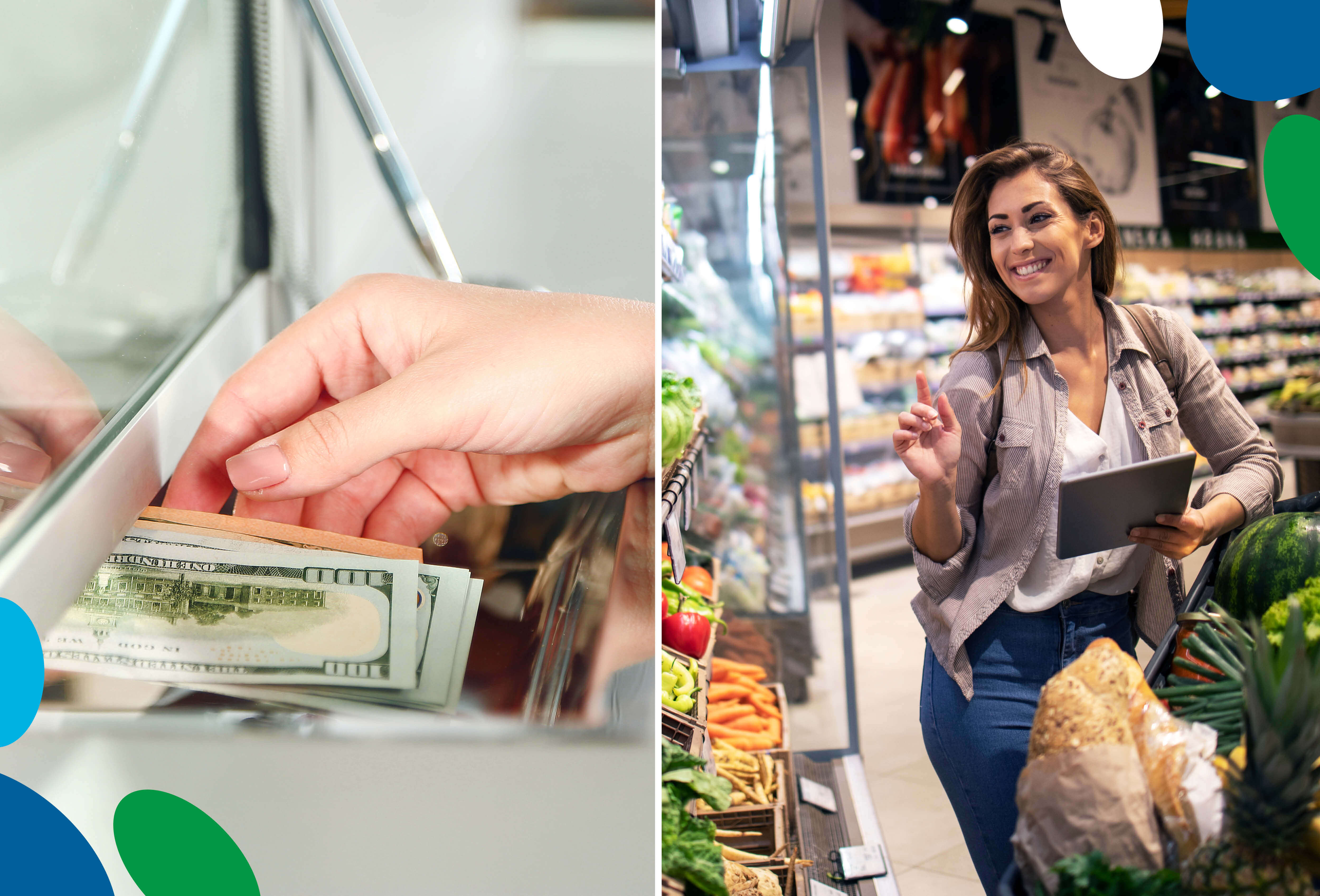 Money being dispensed at a bank window and a woman grocery shopping using a list.